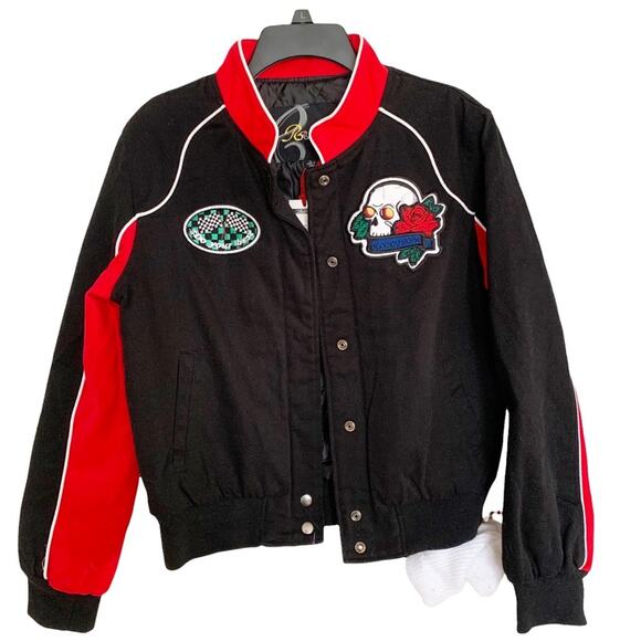 Red Fox Jeans Black Varsity Skull Bomber Jacket Size Large NWT - Picture 2 of 7